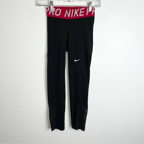 Nike Pro Leggings Women XS Running Gym black red Crop Athletic mesh B14 - Picture 1 of 7